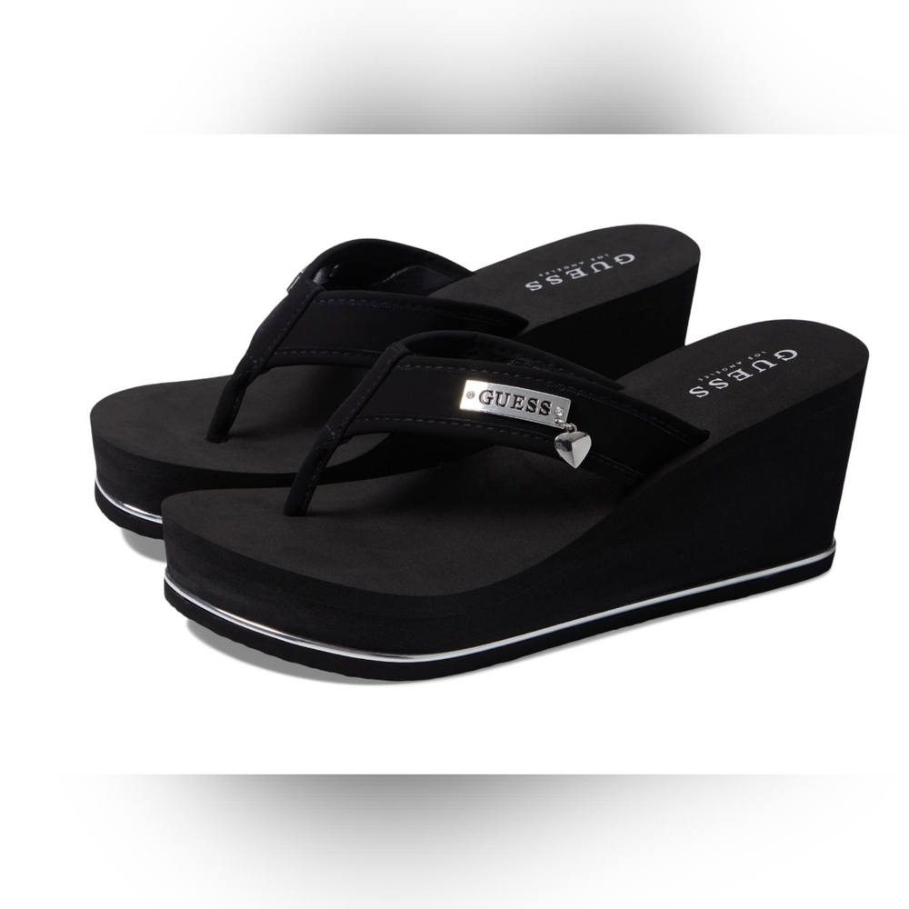 GUESS Women's Size 7.5 Black Wedge Thong Light weight Foam Sandals Silver Trim